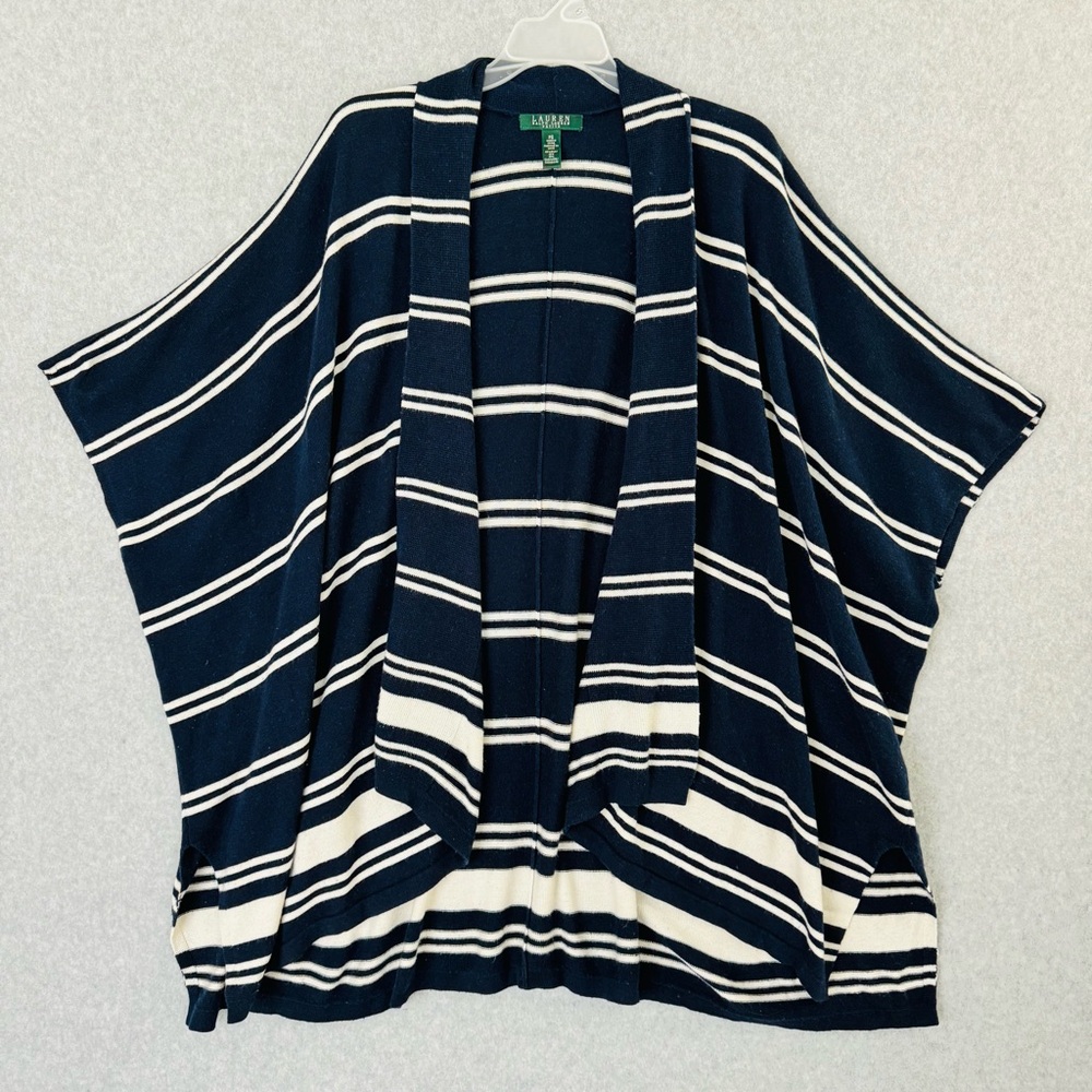 Lauren Ralph Lauren Silk Cashmere Poncho Sweater Blue White Striped Small Petite